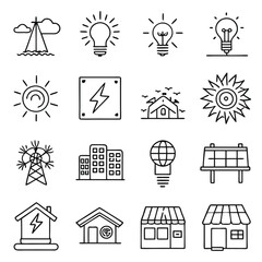 Minimalistic Line-Drawn Icons of Solar Panels, Wind Turbines, and Renewable Energy Equipment