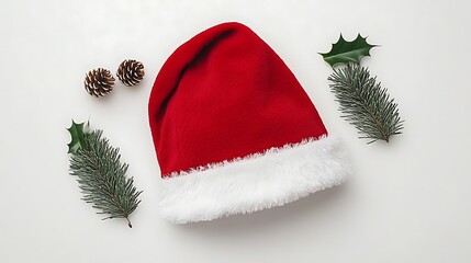 Red Santa Hat on White Background with Pine Elements