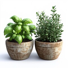 Naklejka premium Organic herb garden, pots with fresh basil, mint, and rosemary, 3D