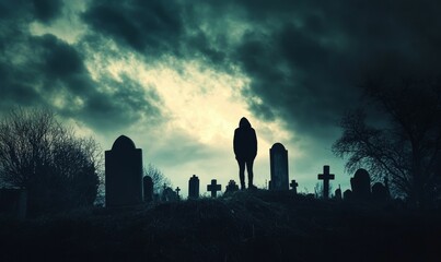 Lonely figure stands amongst tombstones.