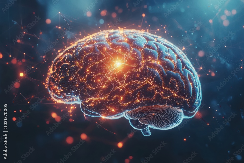 Poster a detailed illustration of a brain scan showing neural activity in real-time