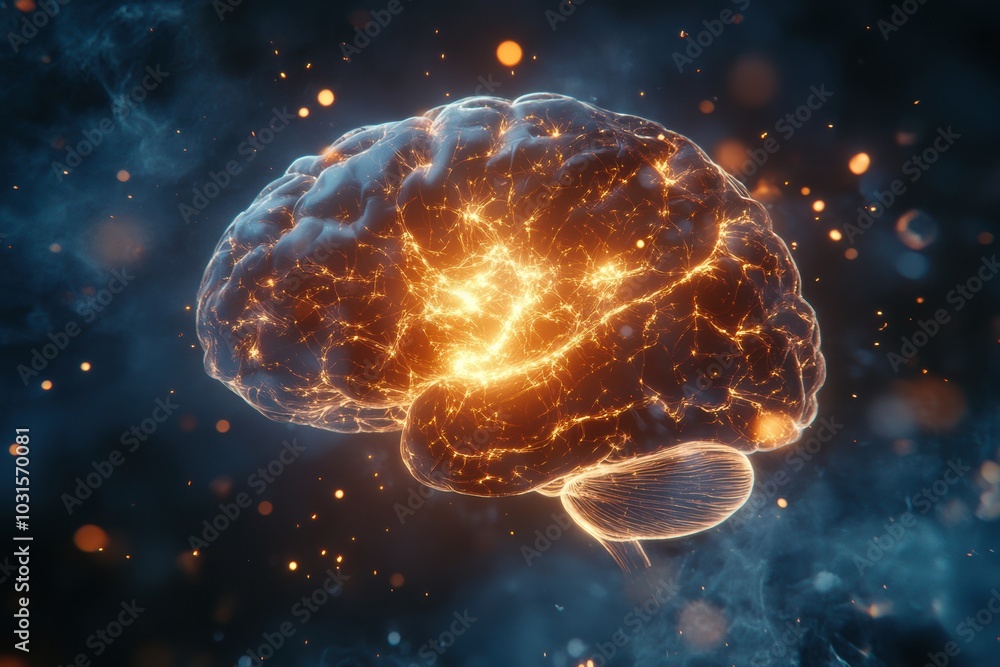 Poster a detailed illustration of a brain scan showing neural activity in real-time