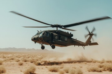 helicopter flying low over the desert landscape