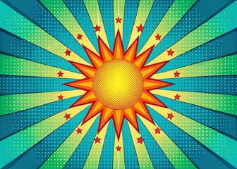 Fototapeta premium Retro Pop Art Sunburst Pattern in Blue and Green Stripes for High-Quality Stock Image