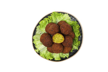 PNG, falafel in a plate, isolated on white background.