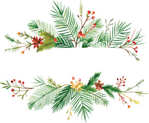 Watercolor Christmas Floral Pine Branch Border