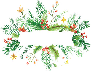 Watercolor Christmas Wreath with Berries and Banner