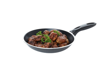 PNG of meatballs in a pan, isolated on white background.