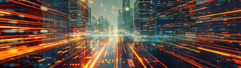 Fototapeta premium Create a striking graphic of a side view of a futuristic cityscape with giant, glowing data streams intertwining skyscrapers, portrayed in a sleek, digital art style