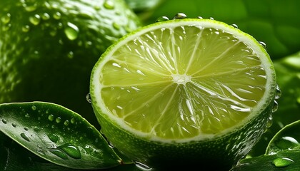 A close-up of a freshly sliced lime with drops of juice glistening, against a backdrop of vibrant green leaves.
