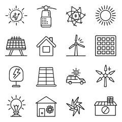 Minimalistic Line-Drawn Icons of Solar Panels, Wind Turbines, and Renewable Energy Equipment