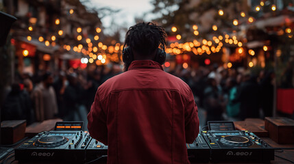 Obraz premium Wallpaper Depicting A Crowded Dance Floor With People Enjoying Music Under Swirling Lights, Highlighting The Connection Between The Dj And The Audience