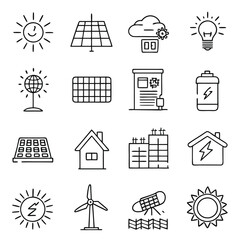 Minimalistic Line-Drawn Icons of Solar Panels, Wind Turbines, and Renewable Energy Equipment