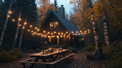 A charming cabin stands amidst vibrant autumn trees, with soft lights strung overhead, creating a warm atmosphere for evening gatherings. The scenery is peaceful and inviting under a dusky sky.