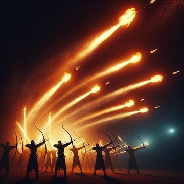 The archers shot lots of fire arrows into the air.