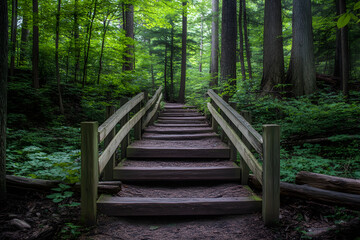 Fototapeta premium Wooden forest path bridge amidst lush green trees in serene woodland, ideal for nature walks, hiking, and peaceful escapes in natural beauty