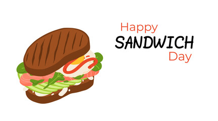 National Sandwich Day banner with colorful sandwiches filled with fresh vegetables, cheese and meat. Design for holiday promotions, or culinary projects.