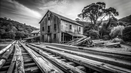 Black and White Abandoned Sawmill at Scorpion Ranch, Santa Cruz Island, Channel Islands National Park - Capturing the Essence of Nature's Decay in Monochrome