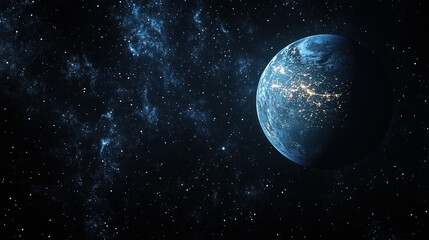 Fototapeta premium Wallpaper Showcasing A Realistic View Of Earth From Space, With Glowing City Lights On The Surface And A Deep Black Starry Sky Surrounding It