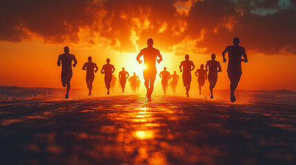The energy of a group of runners at sunrise, silhouetted against a glowing horizon