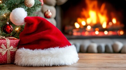 Cozy Scene with Santa's Hat by the Fireplace