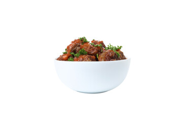 PNG, meatballs in a plate, isolated on white background.