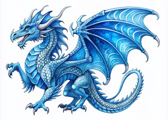 Roaring Dragon Vector Watercolor Outline - Fantasy Blue Clipart for Creative Designs