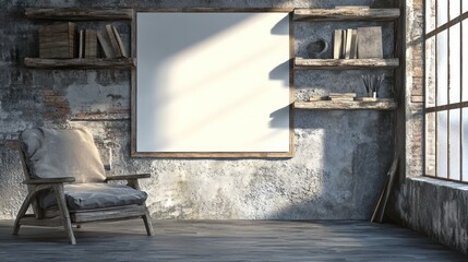 Rustic interior design with a large blank poster on the wall, an armchair, and shelves with books, ready for your design.