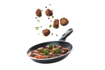 PNG of meatballs in a pan, isolated on white background.