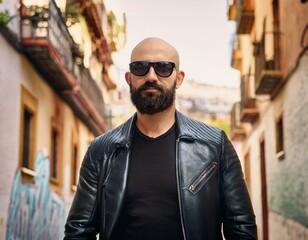 Obraz premium Calvicie y estilo: hombre calvo con barba y gafas de sol, posando en un entorno urbano.