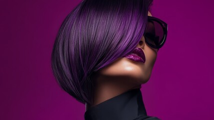 Fototapeta premium Stylish model with purple hair and sunglasses poses against a vibrant pink backdrop in an artistic fashion shoot