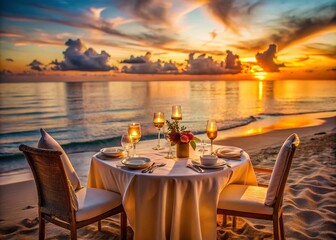 Obraz premium Romantic Beach Sunset Dinner for Two with Luxurious Food and Champagne