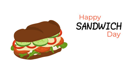National Sandwich Day banner with colorful sandwiches filled with fresh vegetables, cheese and meat. Design for holiday promotions, or culinary projects.