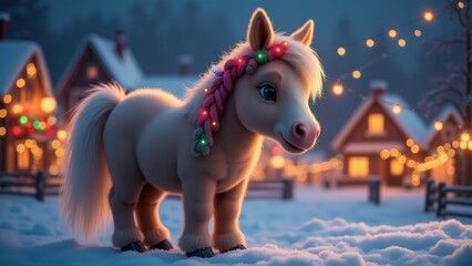 White festive unicorn standing outdoors with holiday lights