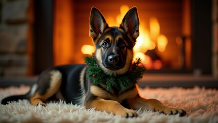 Obraz premium German shepherd puppy with wreath resting near cozy fireplace