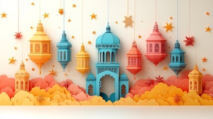 Artistic paper cut style design with layered lanterns and star motifs in vibrant colors arranged on a soft white background creating space for text in the center