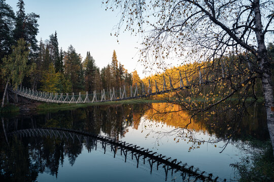suspension bridge in the autumn forest, Oulanka national park, Finland