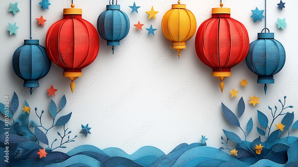 Poster artistic paper cut style design with layered lanterns and star motifs in vibrant colors arranged on 