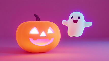 glowing pumpkin with friendly ghost creates cheerful Halloween scene