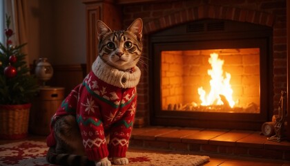 Contented Cat in Festive Sweater Lounging by Cozy Fireplace