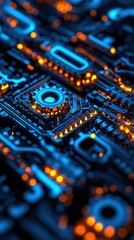 Fototapeta premium Abstract close-up of a circuit board with glowing elements in blue and orange, showcasing technology and innovation.