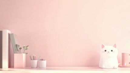 Minimalist pink desktop with cute organizer, cat and accessories