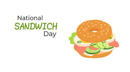 National Sandwich Day banner with colorful sandwiches filled with fresh vegetables, cheese and meat. Design for holiday promotions, or culinary projects.