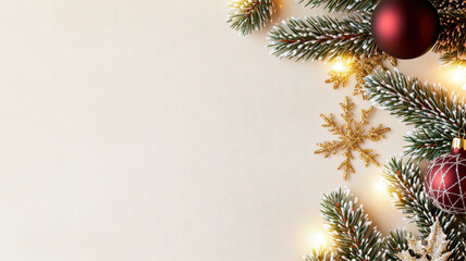 Festive Christmas decorations featuring evergreen branches, red ornaments, and golden snowflakes on a soft cream background