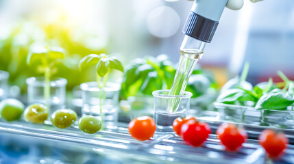 In a laboratory setting, a researcher applies a nutrient solution to various plant samples, including seedlings and ripe cherry tomatoes, fostering growth and innovation in agriculture