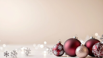 Festive arrangement of red and gold Christmas ornaments with snowflake patterns on a light background, suitable for holiday decoration themes