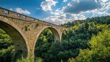 Fototapeta premium A stone bridge arches over a green valley with a blue sky and clouds.