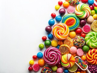 Colorful Candies and Sweets Assortment on White Background - Wrapped Candies, Lollipops, Striped Hard Candies, Festive Treats Perfect for Celebrations, Parties, and Sweet Tooth Cravings