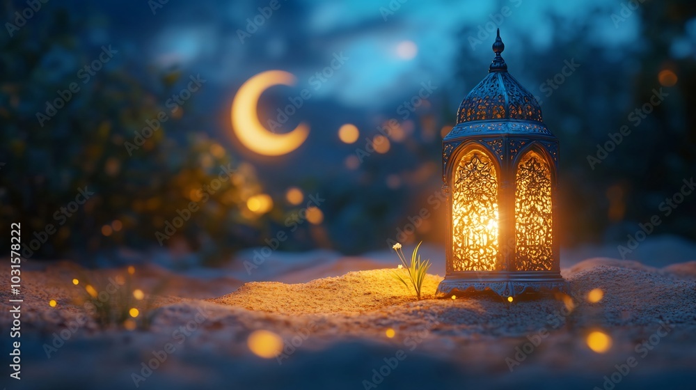 Aufkleber artistic ramadan themed minimalistic background with a rustic arabic lantern and a prominent crescen