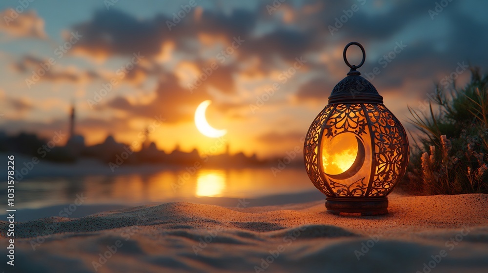 Aufkleber artistic ramadan themed minimalistic background with a rustic arabic lantern and a prominent crescen